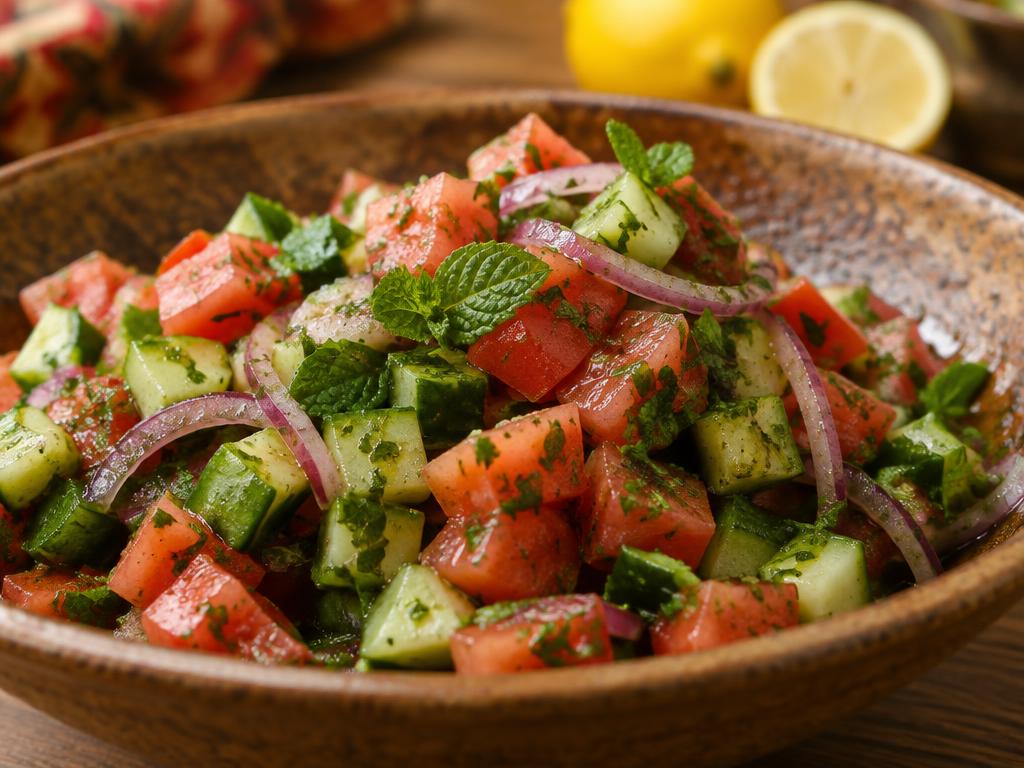 Fresh Yemeni salad with tomatoes, cucumber, onion, and herbs
